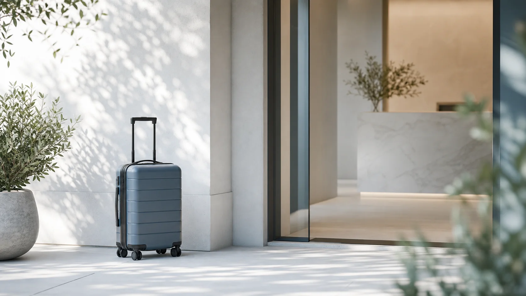 Travel case at a sunlit clinic entrance, representing out-of-area fly-in visits