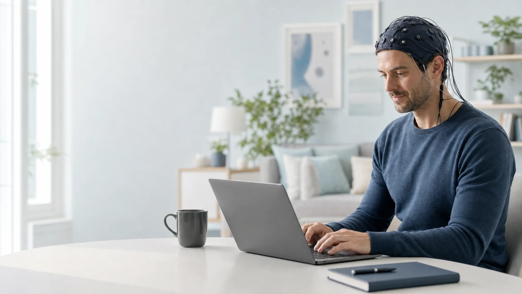 Adult wearing an EEG neurofeedback training cap during an at-home session